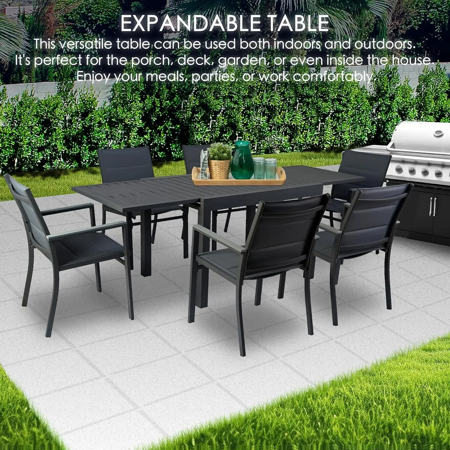 

7 Piece Outdoor Patio Dining Set for 6 Person,6 Pack Foldable Deck Chairs,43"- 86"Villa Expandable Patio Dining Table Adjustable