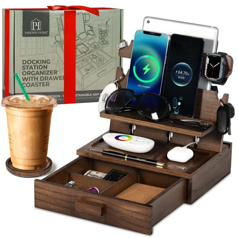 Wood Phone Docking Station with Drawer Key Holder Stand Watch & Accessories Gifts for Men Women Husband Son Boyfriend Him