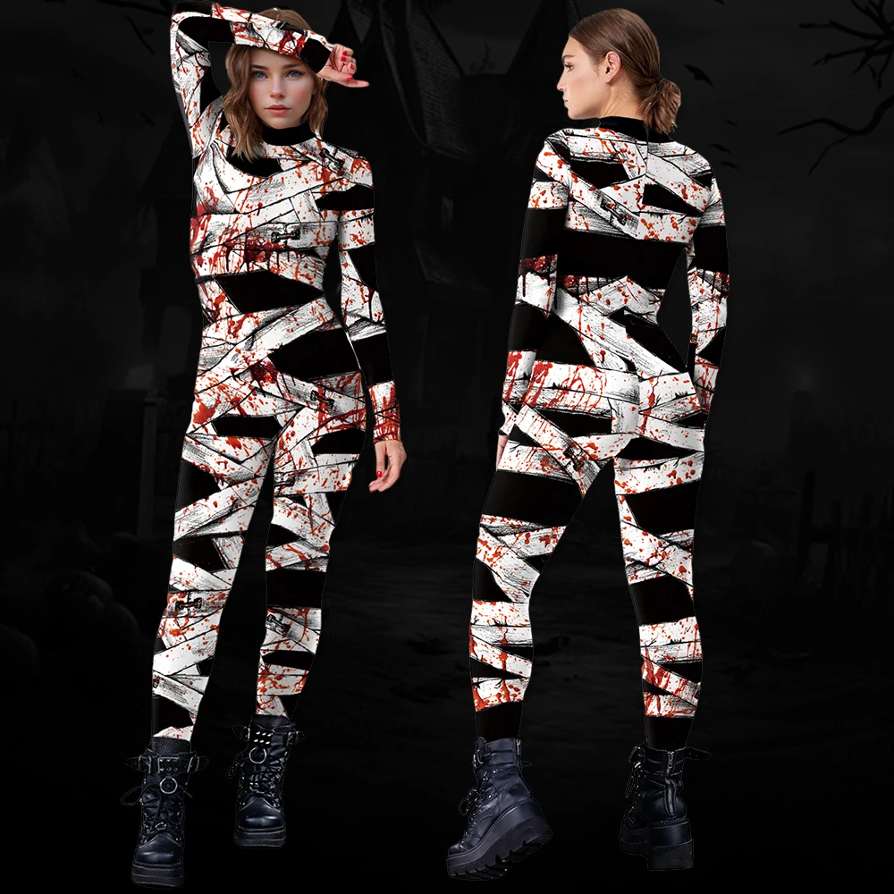 Carnival Funny Printed Bandage Blood Tights Women Cosplay Costume Bodysuits Halloween Party Nightclub Stretch Jumpsuits Outfits