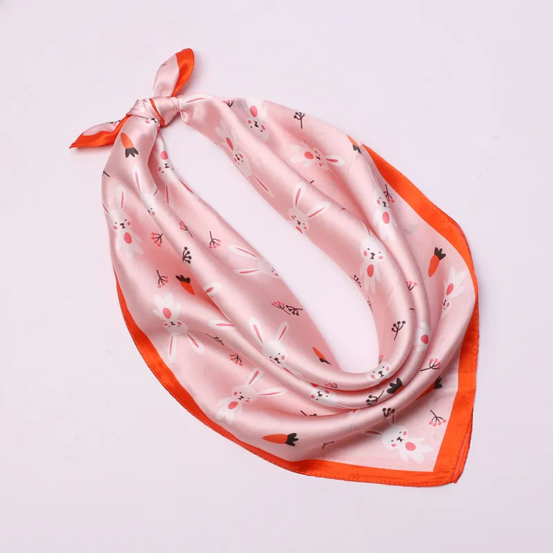 Cute cartoon rabbit fashion women 100% real silk scarves children 50cm small square headband wrap adorable gift for baby kids