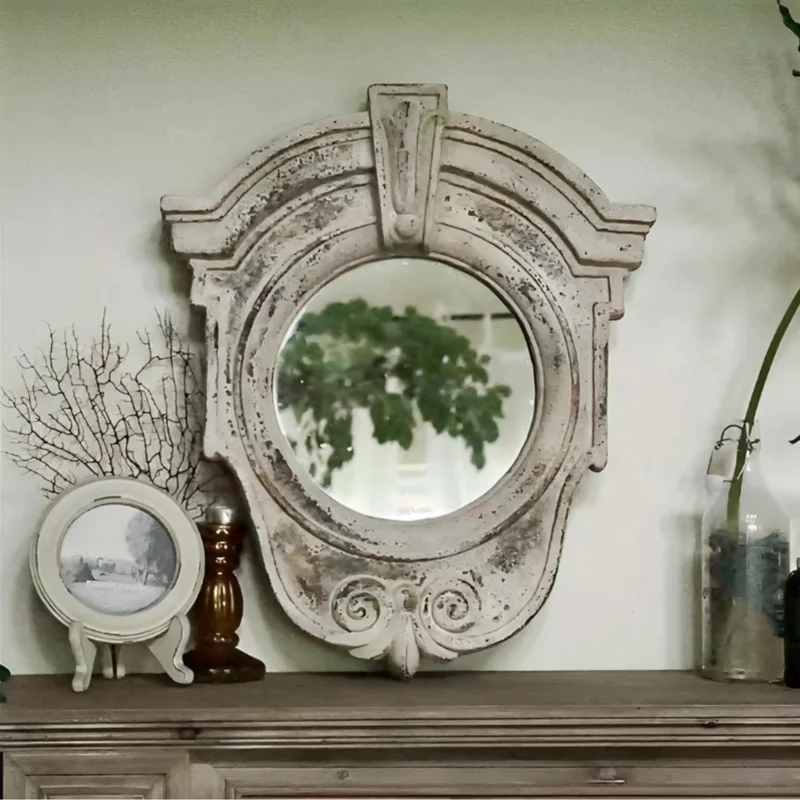 Vintage Retro Wall Mirror: Thick and Textured Magnesium Oxide Frame - Weatherproof for Outdoor Use - Intricate Distressed Finish