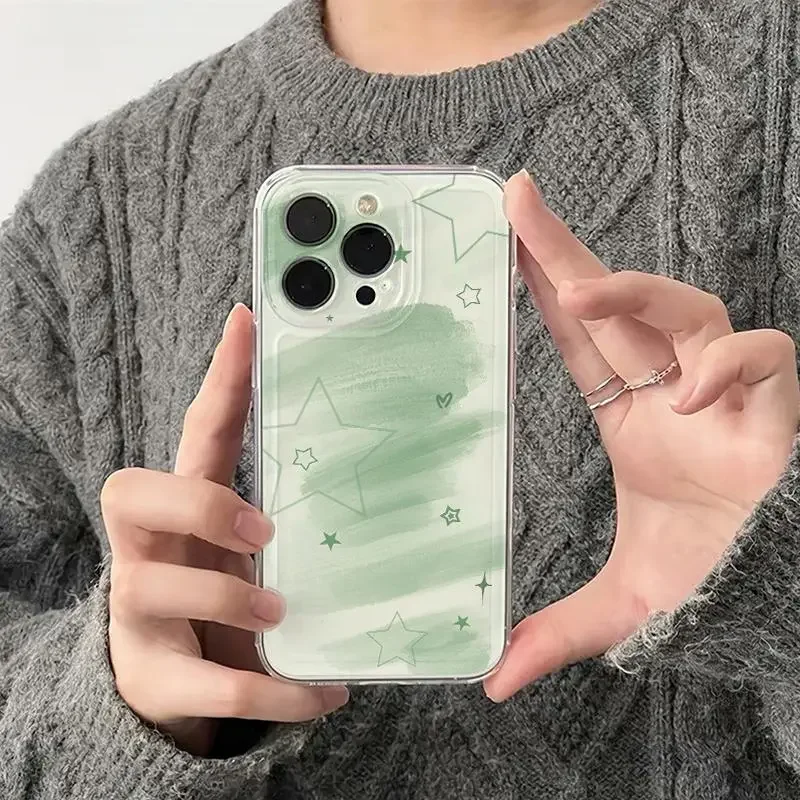 Korean Green rendering of stars Phone Case For iPhone 16 Pro Max 15 14 13 12 11 XR XS Max 7 8Plus Y2K  soft anti fall phone case