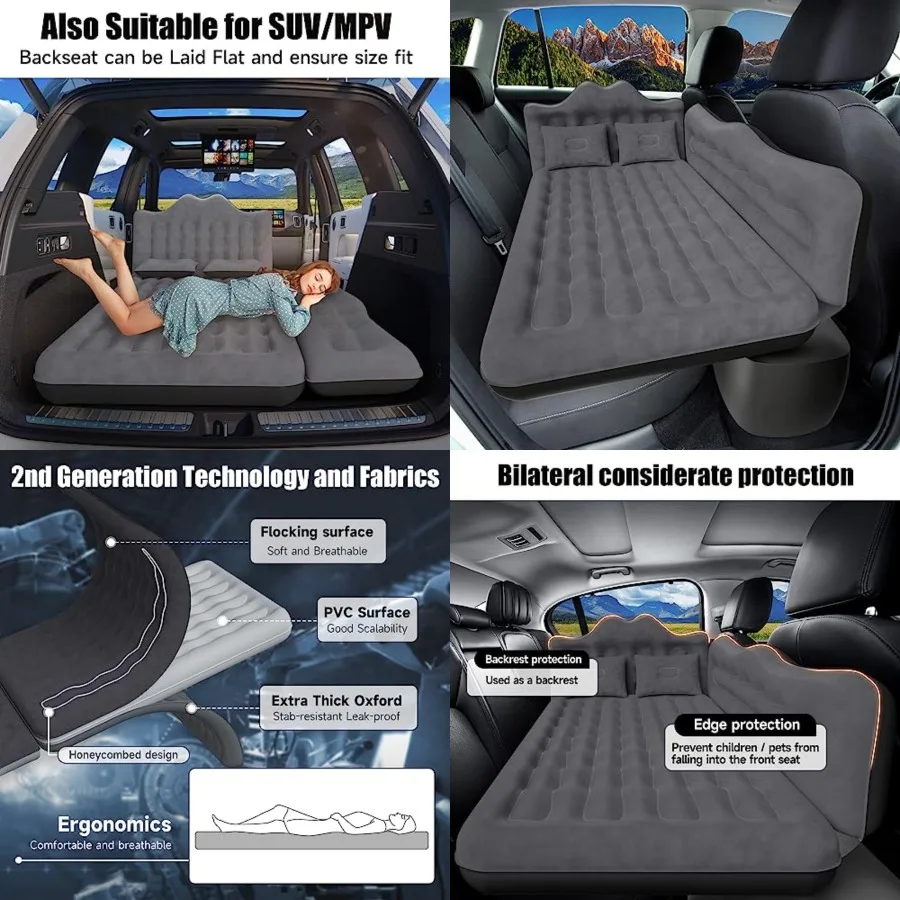 

Car Air Mattress, Inflatable SUV Truck Air Mattress Back Seat Camping Bed Thickened Car Sleeping Pad for Travel, Car Bed SUV Mattress with Air Pump 2 Pillows
