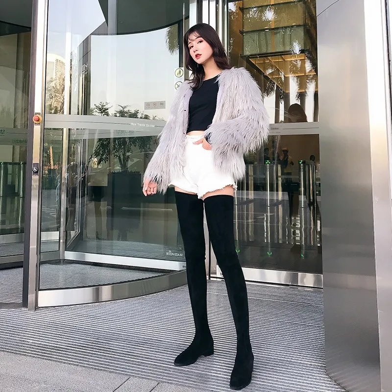 

Elastic Over-Knee Long Boots Women's Fce Lined High Heels round Toe Rubber Outsole Comfortable Winter Boots Size 42 45