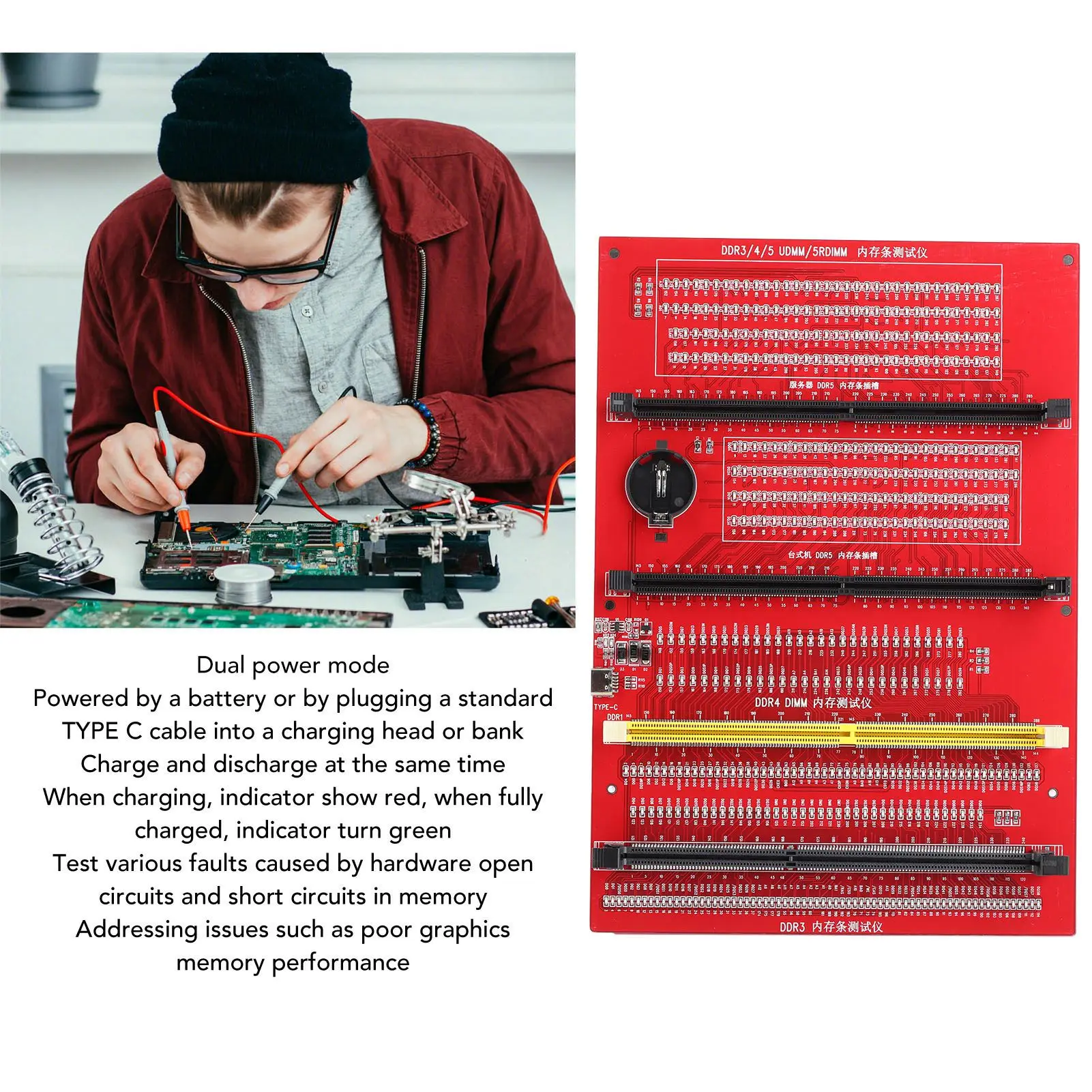 محلل تشخيص الذاكرة 4 في 1 لسطح المكتب DDR3 DDR4 DDR5UDMM DDR5RDIMM بطاقة اختبار مع جهاز اختبار الذاكرة الخفيفة