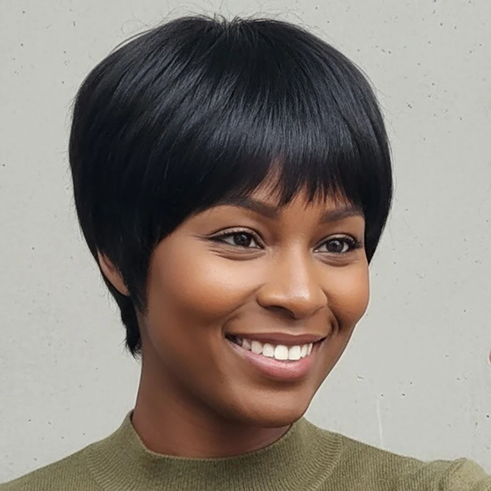 4インチショートストレートピクシーカットウィッグ、ブラジル産レミー人毛100%、前髪付き、黒人女性用、フルマシンメイド、デイリーウェアウィッグ