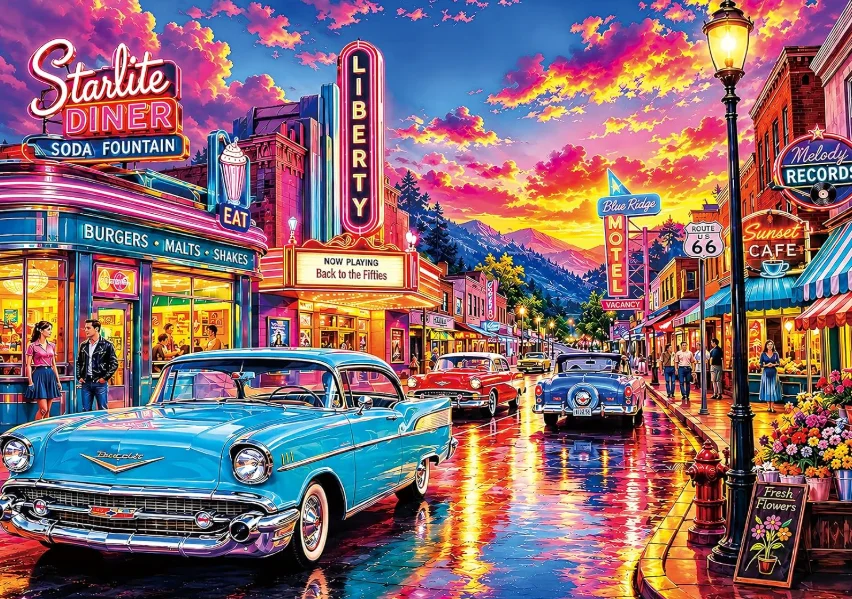 500/1000/1200/2000PCS Jigsaw Puzzle Vintage 1950s American Town Classic Automobile Neon Sign DIY Assembling Holiday Present