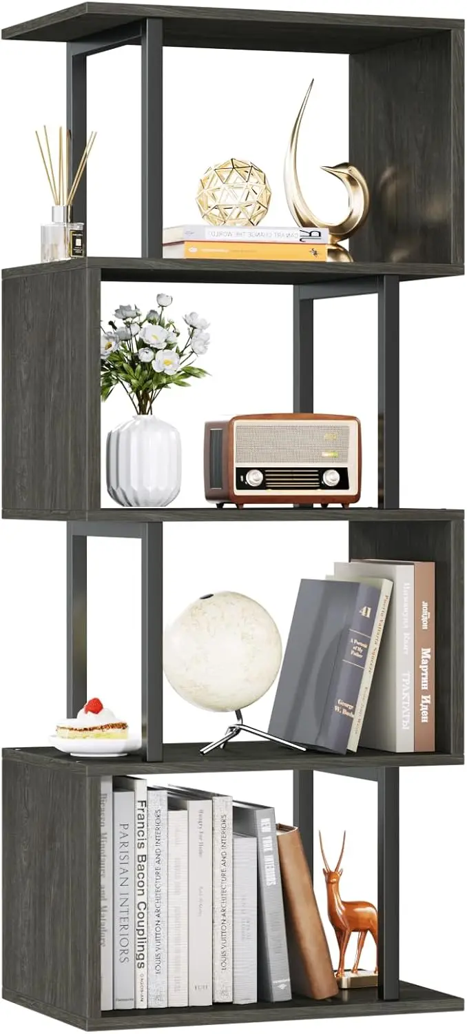 

5-Tier Geometric Bookshelf, Industrial S-Shaped Display Storage Shelf for Small Spaces, Black Oak Metal Wood Shelves