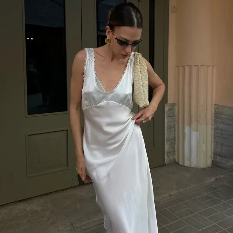 Fmxires Abito lungo sottile senza maniche alla moda per le donne Elegante abito sexy in pizzo con scollo a V in raso a vita alta Abiti da sera per feste Lady