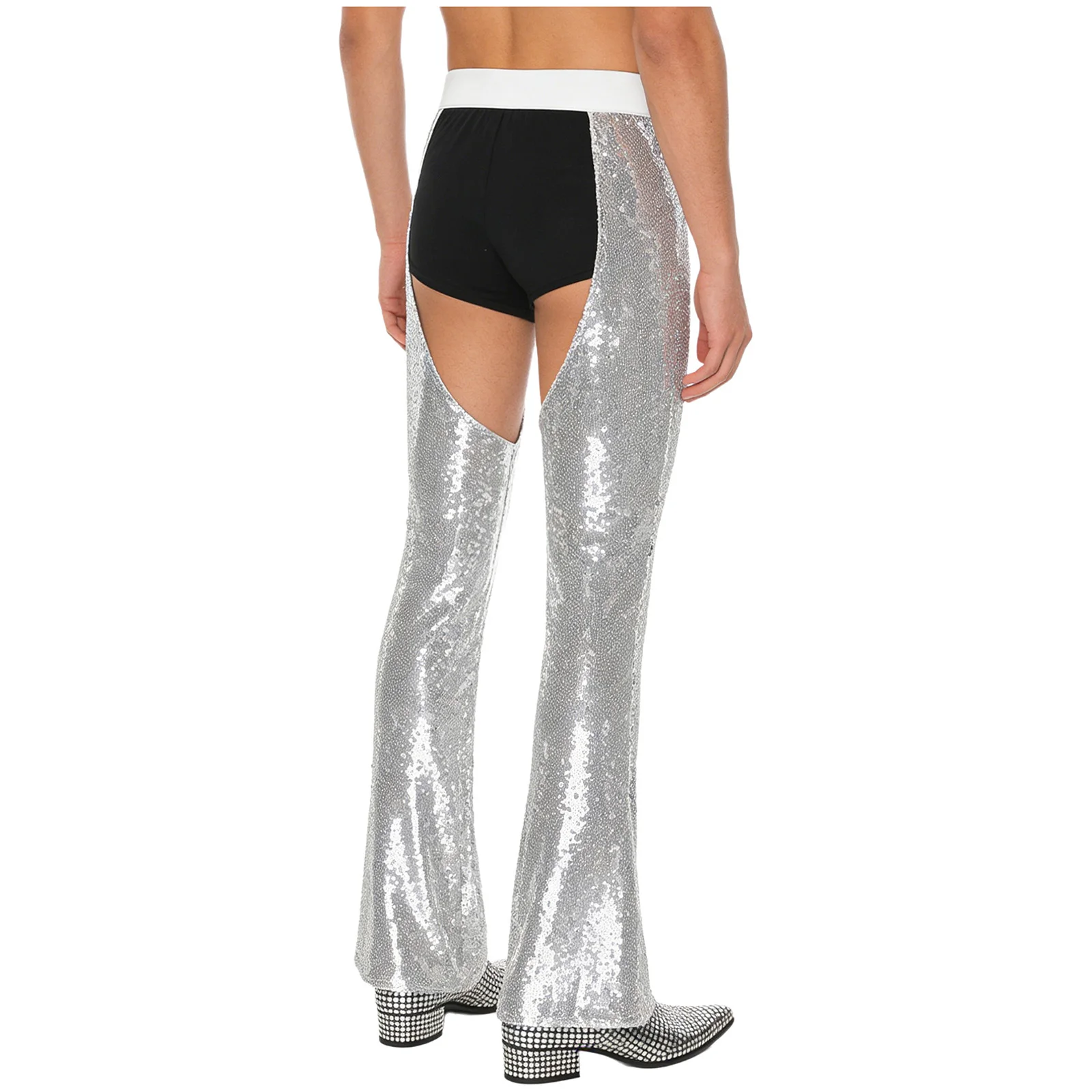 남성 카니발 에지 디스코 재즈 댄스 팬츠 허리 크로치 부분이 비어있는 풀라이닝 플레어 팬츠 카우보이 찹스 팬츠 테마 파티용