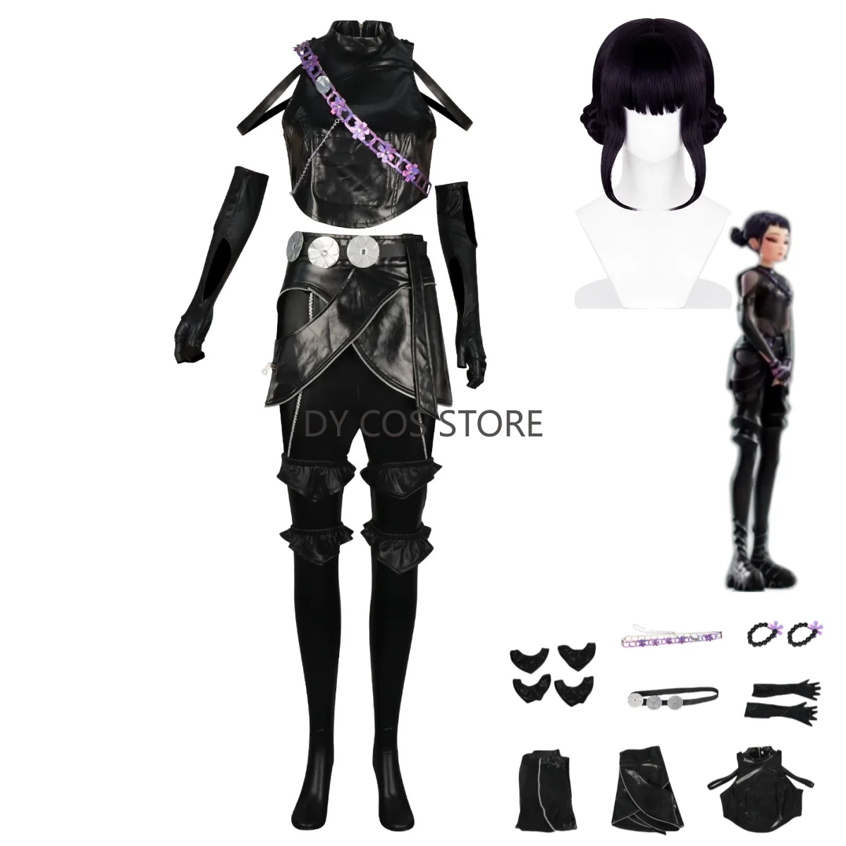 

Anime Movies KPop Demon Hunters Zoey Cosplay Costume Black PU Coat Uniform Full Set Wig Woman Sexy Carnival Halloween Suit