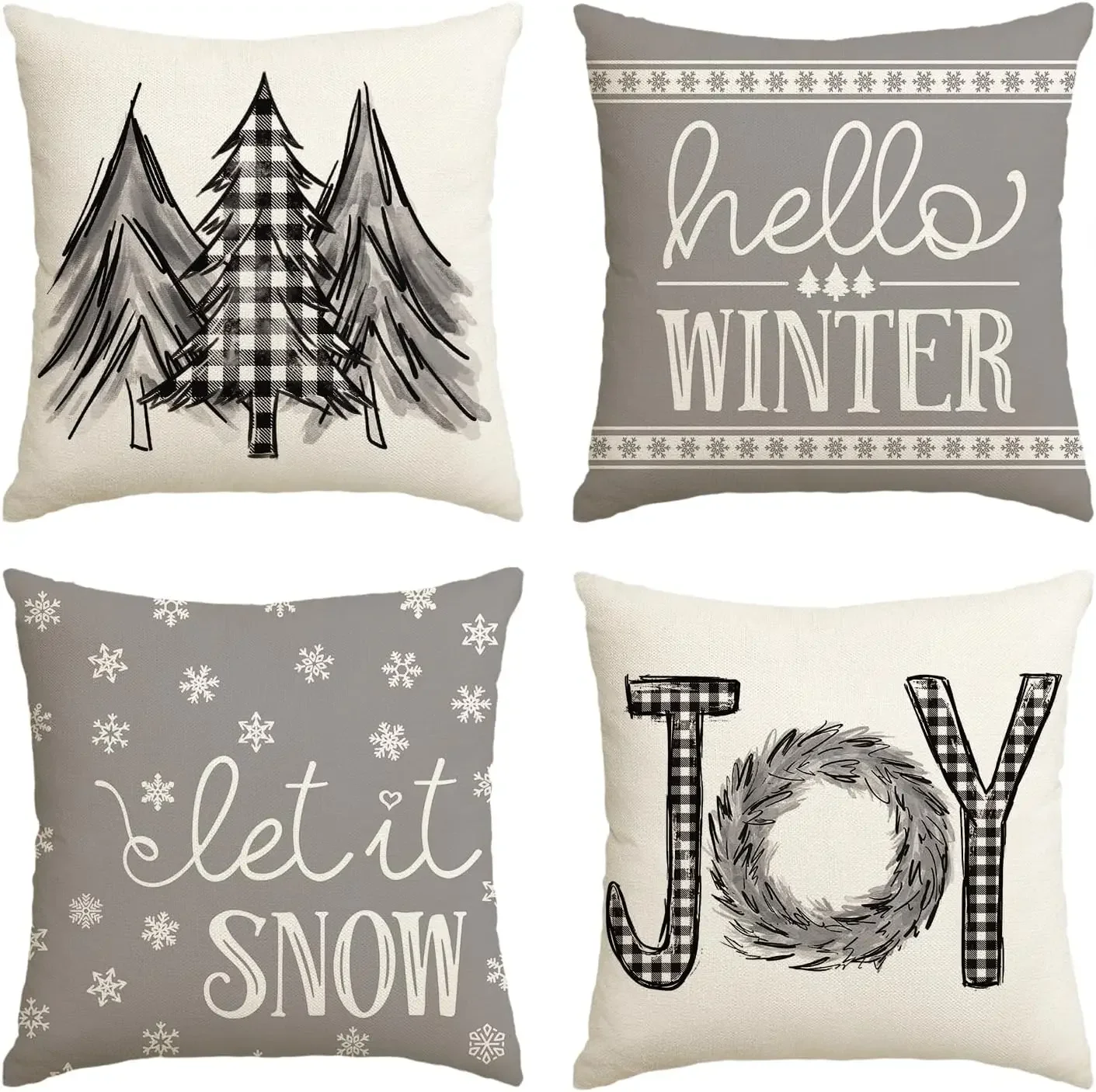 

Merry Christmas Trees Mottos Gray Throw Pillow Covers, Hello Winter Let it Snow Holiday Cushion Case Decoration for Sofa Couch