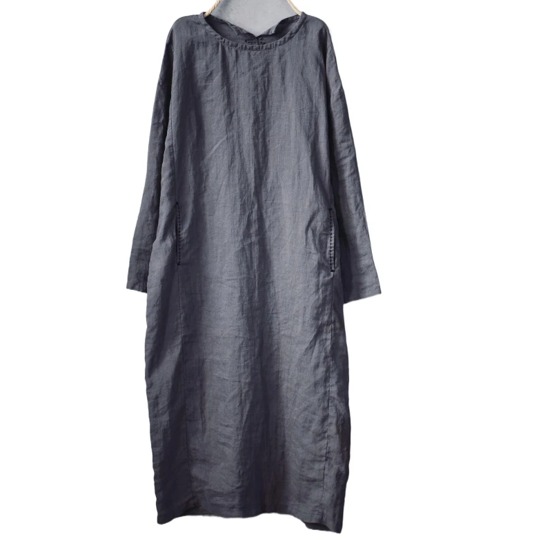 

Oversized Women Casual Dress New 2025 Spring Vintage Style O-neck Long Sleeves Handmade Loose Female Washed Ramie Runway Dresses