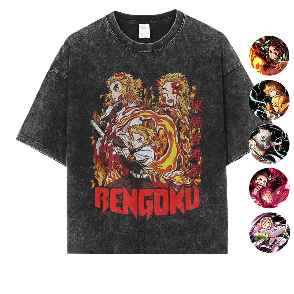 

Ghost Slayer Anime Douma Printed Retro Washed T-shirt 2025 Summer New Men's Women's Loose Casual Pure Cotton Washed T-shirt
