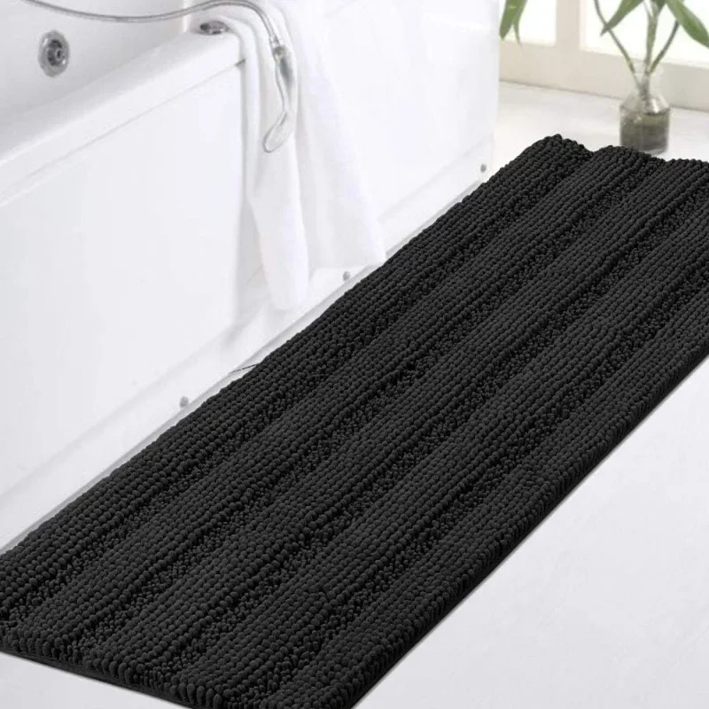 Non Slip Shaggy Chenille Microfibers Bathroom Rug Black Bathroom Mat Extra Long Bath Rug 47 x 17 Kitchen Rugs and Mats