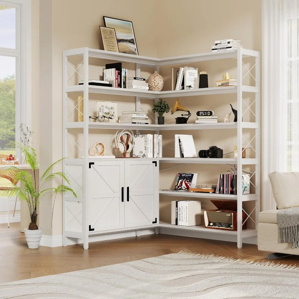 

Large 6 Tier Corner Bookshelf White with Cabinet,L Shaped Bookcase with Doors, Tall Corner Plant Stand, Industrial Shelf,Tall Bo