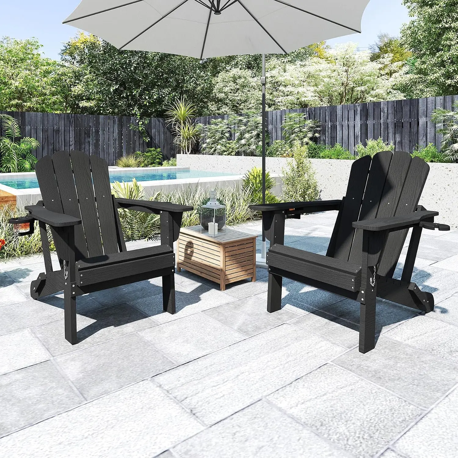 Set of 2 HDPE Adirondack Chairs, 3-Position Reclining Foldable Outdoor Lounge Chair with Cup & Phone Holders, All-Weather Patio Deck Furniture, Black