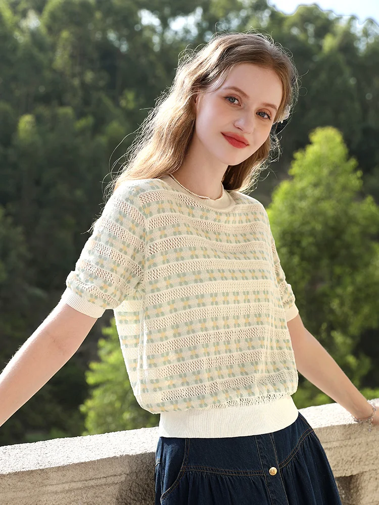 I BELIEVE YOU French Knit Sweater For Women 2024 Striped Jacquard Hollowed Out Short Sleeve Spring New Chic Pullovers 2241145487