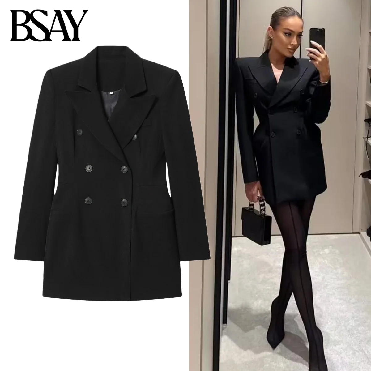 

BSAY Double Breasted Dress Style Blazers for Women Fashion Autumn Winter New Solid Long Sleeve Suits Jacket Chic Female Coat