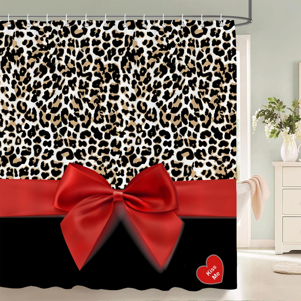 1 pc Modern Bowknot leopard pattern Shower Curtains With Hooks  Bathroom Curtains Printing Shower Curtain Home Decor Curtain