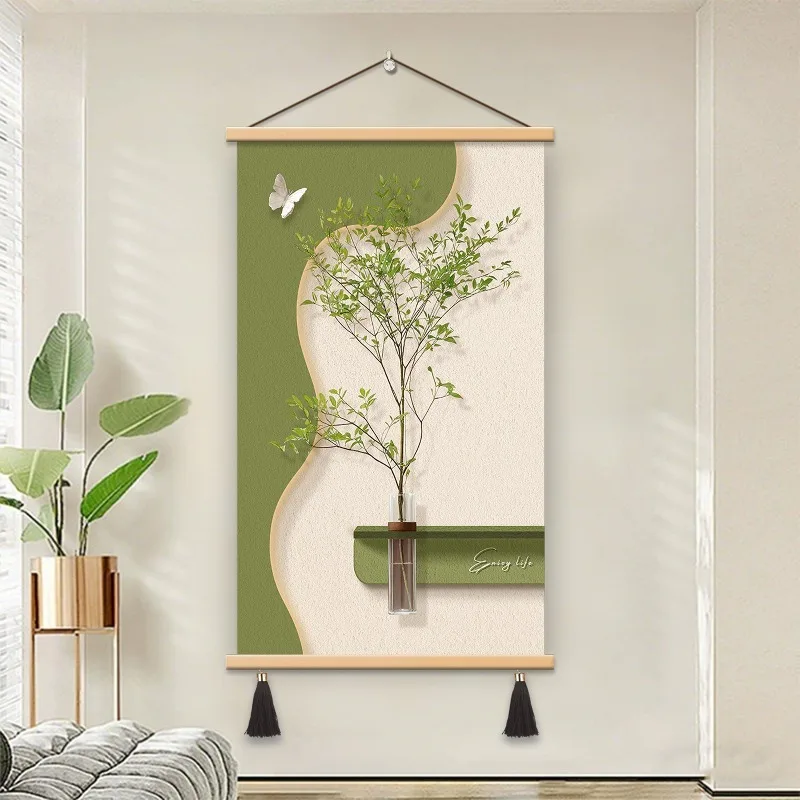 Healing Green Wall Decor Scroll Water Plant Art Framed Botanical Hanging Painting for Hotel Lobby Cafe Aesthetic Room Decor