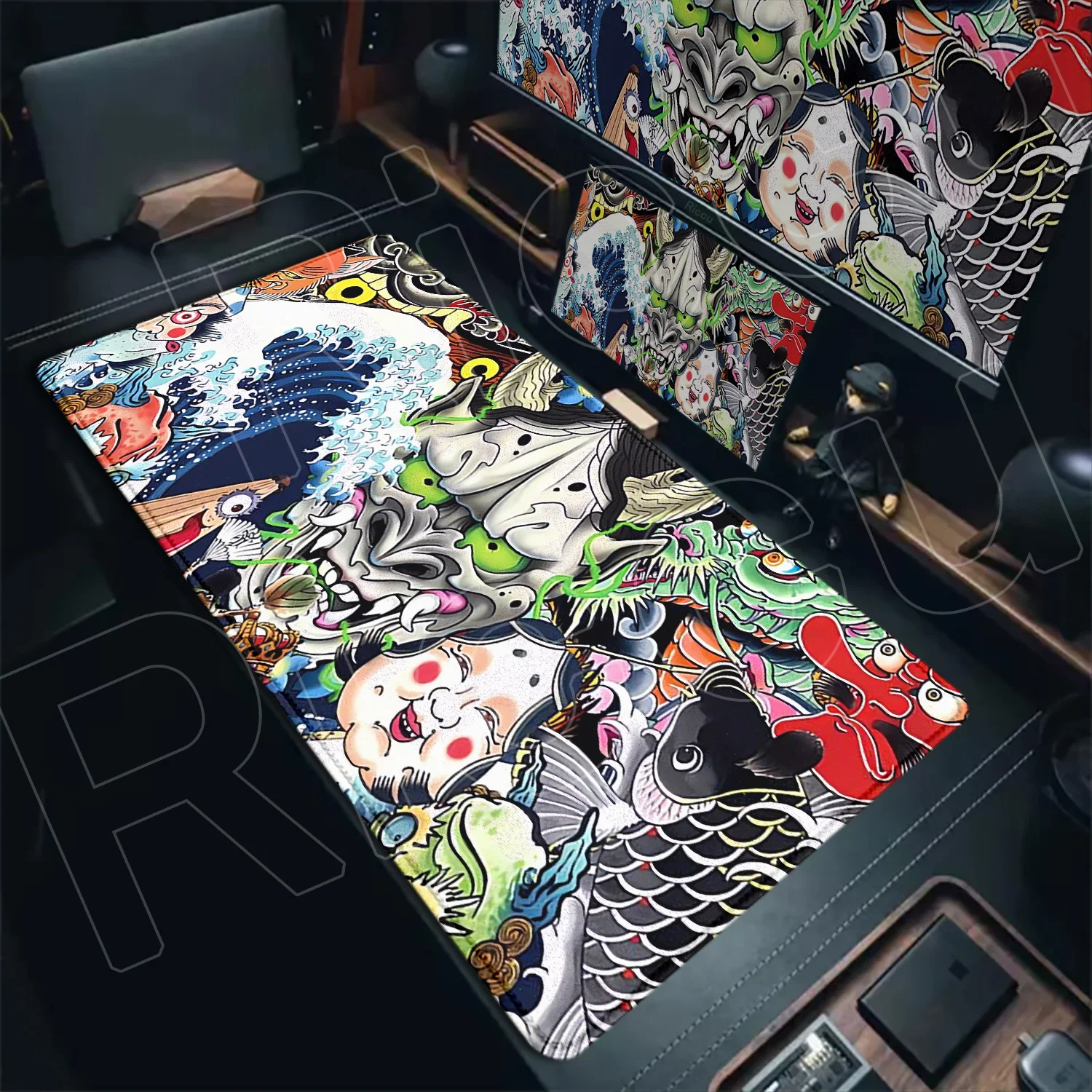 

Large E-sports Mouse Pad Tattoo Japanese Style Keyboard Mousepad Laptop Gaming Lock Edge PC Devil Mask Desk Mat Tiger and Dragon