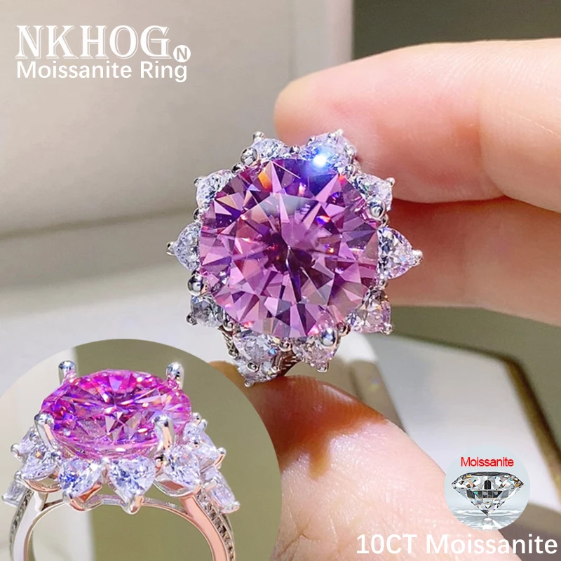 

NKHOG 10CT Pink Moissanite Ring 925 Sterling Silver Women Big Diamond Rings Engagement Eternity Band Party Gifts Tested Pass