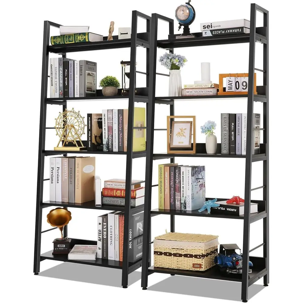 Himimi Black Ladder Bookshel, 5 Shel Bookcase Industrial Bookshel Wood and Metal Bookshelves, Plant lower Stand Rack Book Storag