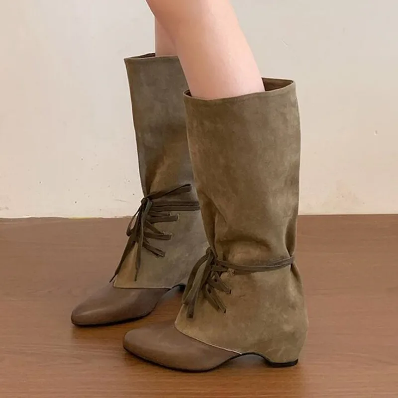 Designer Women Long Boots Pointed Toe Heeled Knee High Shoes Low Heels Chelsea Boots New Walking Trend Goth Lace Up Mujer Botas