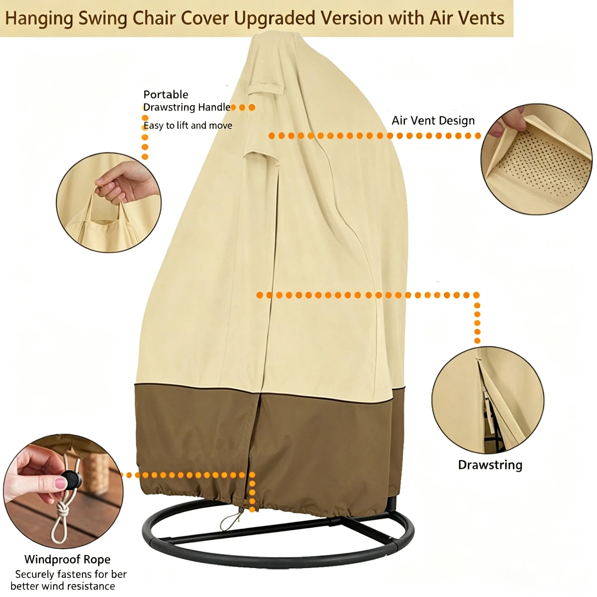 Waterproof Dust-Proof Outdoor Swing Hanging Chair Cover with Zipper Egg Chair Protector for Patio