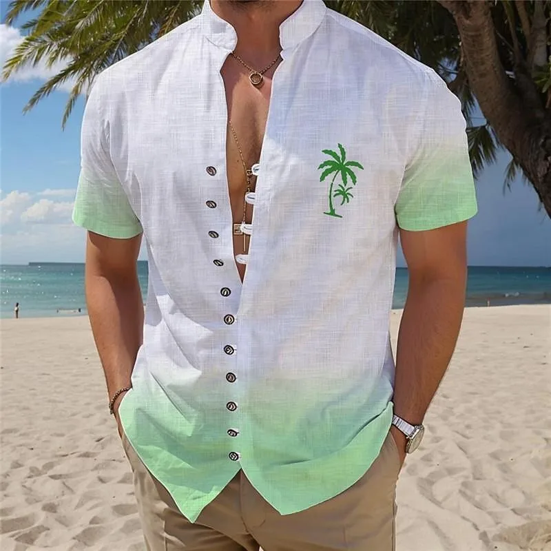 

New men's short sleeved shirt with linen pattern, fashionable 3D coconut tree print, artistic high-quality shirt