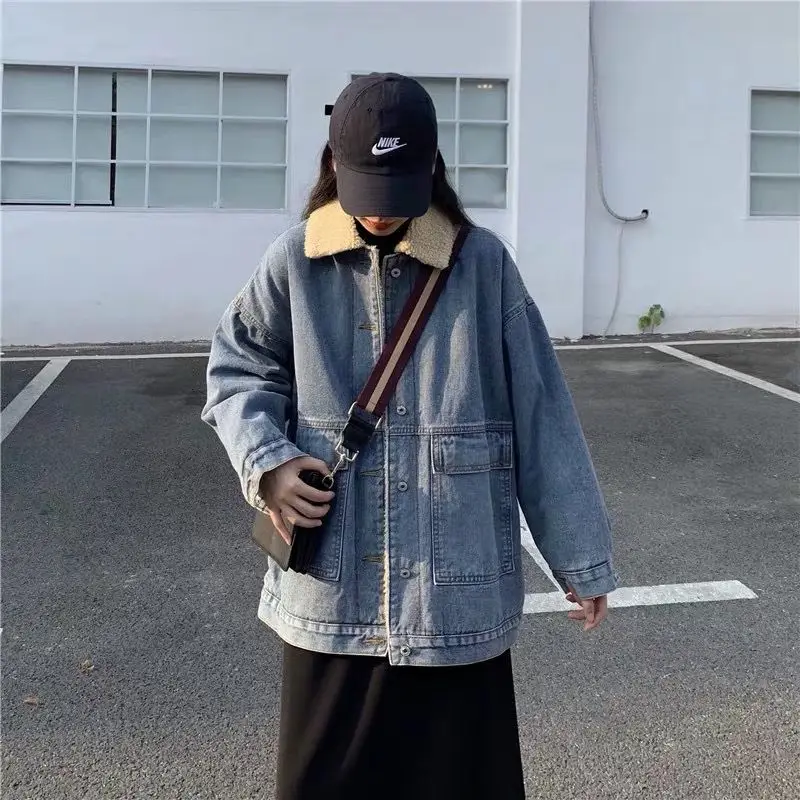 Herfst Winter Dikke Streetwear Blauw Plus Fluwelen Denim Jas Vrouwen Koreaanse Oversized Korea Stijl Vrouw Jas Casual Warm Los