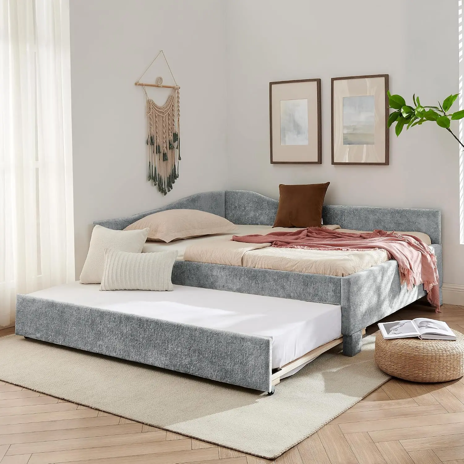 Full Daybed with Pop Up Trundle, Full Size Bed Frame, USB Port, Gray, Customized