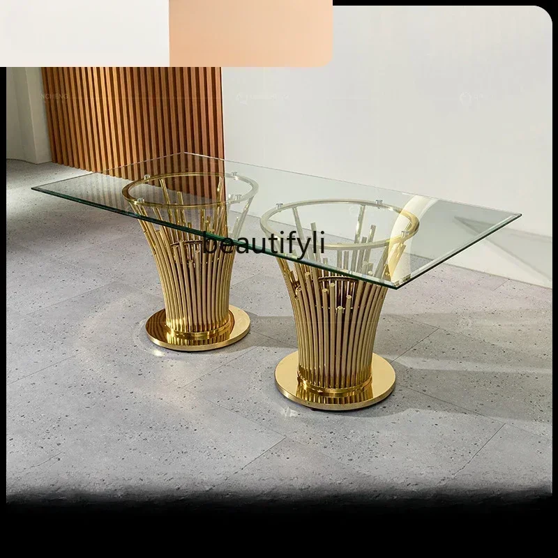 

Tempered glass suspended dining table light luxury household round table stainless steel dining table and chairs
