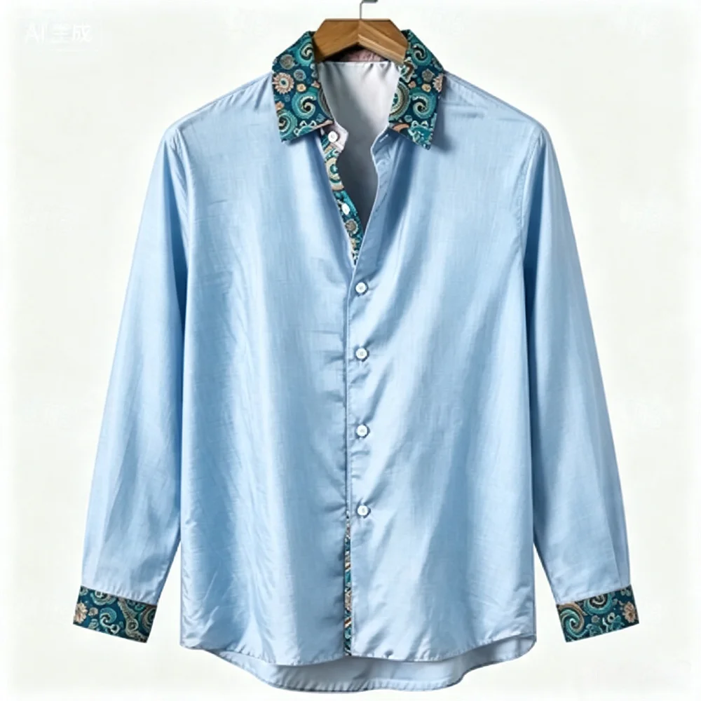 Men's long sleeved satin shirt with glossy high-definition printing, suitable for daily leisure and vacation use, fast delivery