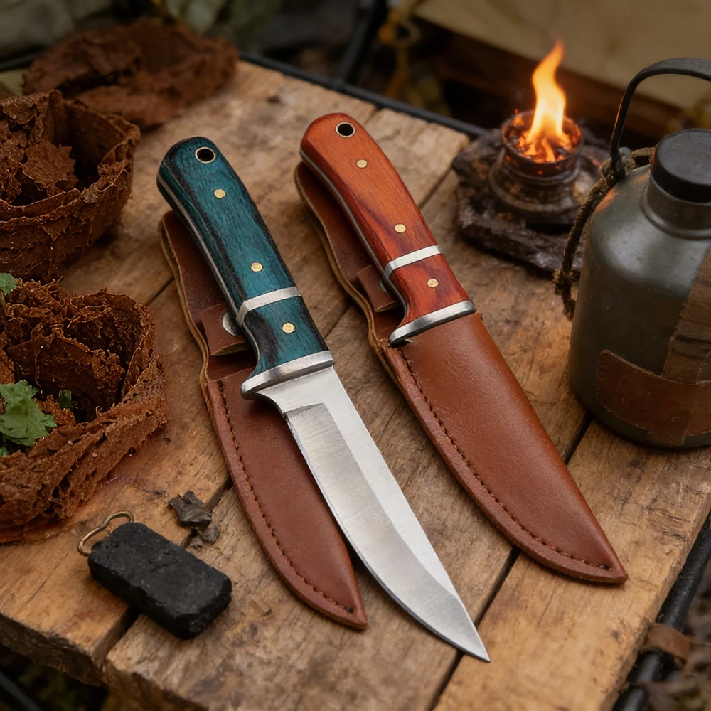 Cuchillo de Acero Inoxidable de 3 Pulgadas para Exteriores, Cuchillo Utilitario con Mango de Madera, Cuchillo de Supervivencia para Caza, Funda Portátil EDC para Camping, Pesca y Barbacoa