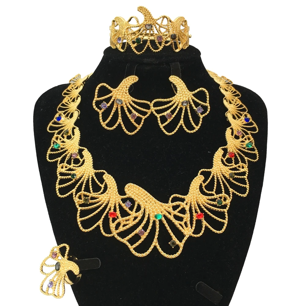 

Hot Sale Fashion Woman Jewelry Set 2024 New Design Gold-color Austria African Necklace Bracelet Ring Earrings Set FHK18829