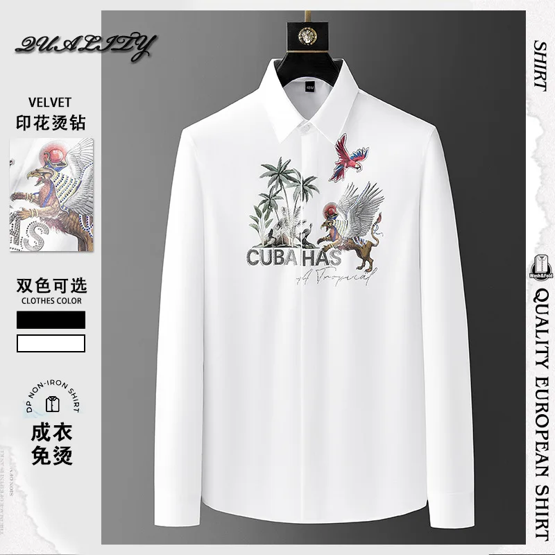 Men's shirt autumn new slim fit trend hot diamond shirt men's European heavy craft men's shirt