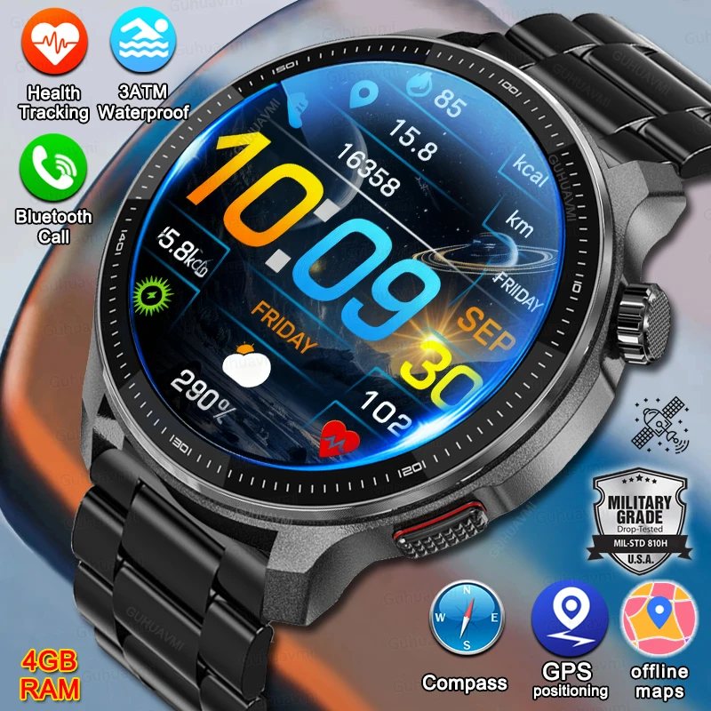 

NEW 4GB Memory Video Player Smart Watch AMOLED With GPS Offline Maps Military Sports 30m Swim Waterproof Bracelet Smartwatch Men