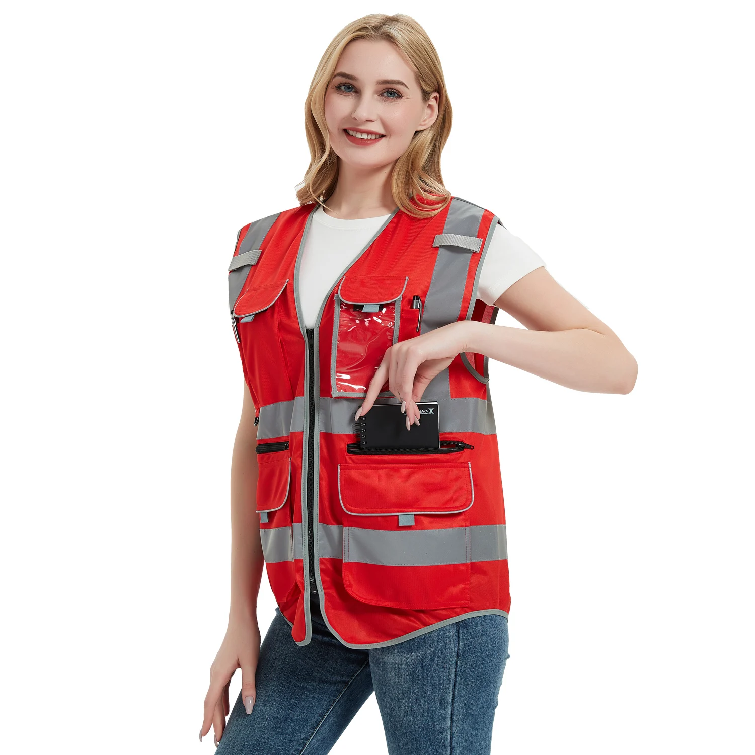 Gilet di sicurezza colore rosso gilet ad alta visibilità donna cerniera anteriore Multi tasche gilet da lavoro uniforme