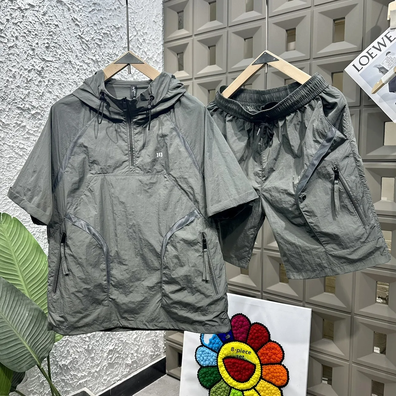 

Loose ort Sve f Open Collar Hoodie Men's Set Thin Qui Dry orts Lightweight Sun Protection Two Piece Set for Men