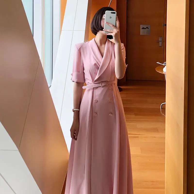 2025年春 レディース ダブルブレスト ドレス - ベルト付きトレンチドレス、エレガントなラペルミディドレス、オフィスカジュアル outfits