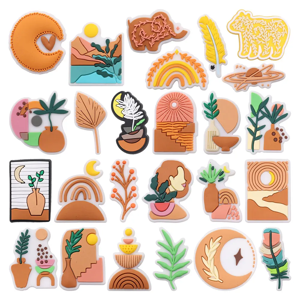 

25Pcs Bohemian Style Elephant Flower Leaf Moon Rainbow Bear Woman Cactus PVC Shoe Charms For Clogs Pins Hole Slipper Decoration