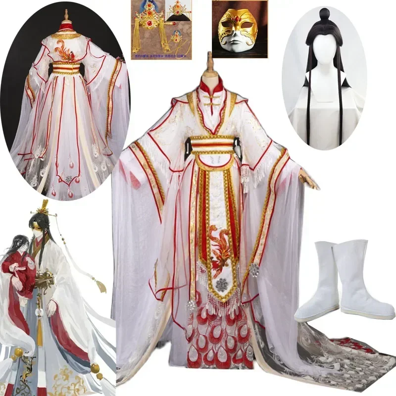 

Tian Guan Ci Fu Xie Lian Tai Zi Yue Shen Platinum Peacock Cosplay Costume Ancient Hanfu Dress Halloween Party Wig Fan Shoes Prop