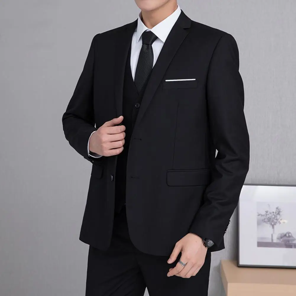 Two-button Suit Jacket Elegant Men's Slim Fit Business Suit Jacket with Lapel Two Buttons Flap Pockets Solid Color for Formal