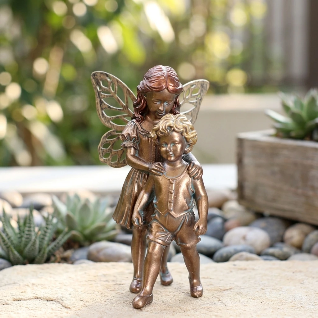 Resin Siblings Statue With Bronze Finish For Outdoor Garden Decoration And Classic Visual Effect