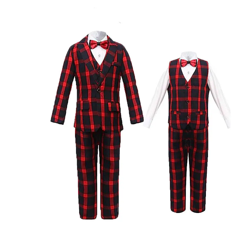 

Children Red Plaid Jacket Vest Pants Bowtie 4PS Tuxedo Dress Kids Piano Photography Suit Boys Elegant Suit For Wedding Party