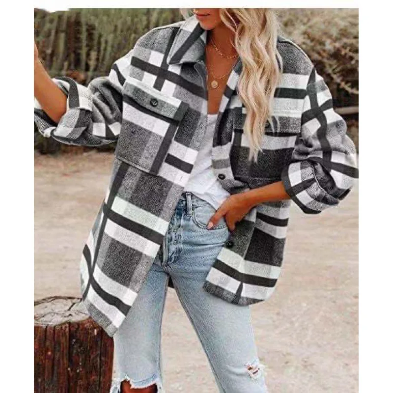 New fashion popular women\'s fall and winter long-sleeved loose plaid shirt tweed jacket female winter clothes women