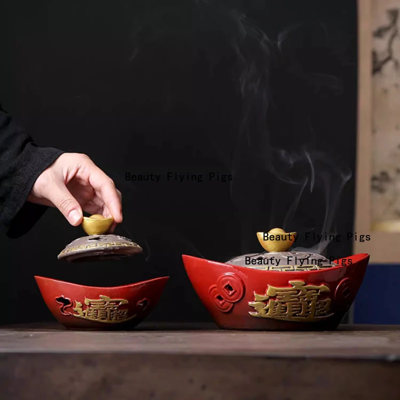 Ceramic Wealth Incense Burner Yuanbao Incense Burner Vintage Plate Incense Burner, Ancestral Hall Burners, Chinese Style