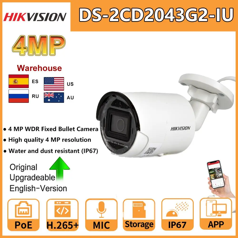 Hikvision 4MP Bullet Security Camera Outdoor DS-2CD2043G2-IU PoE Built in MIC Audio Motion Detection SD Card Video Surveillance